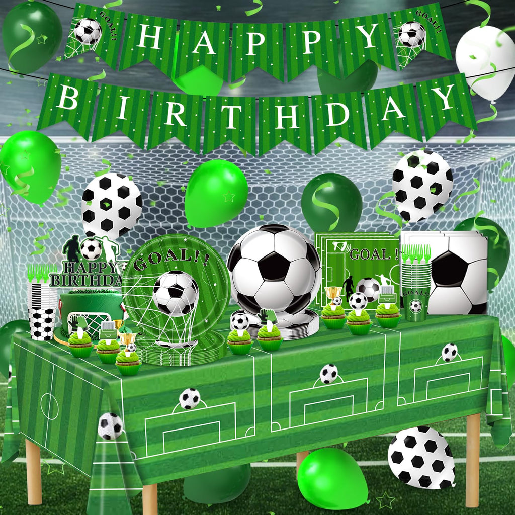 Miucat Soccer Party Decorations - 143 Pcs Party Supplies for 24 Guests (Plates, Napkins, Tablecloth, Banner, Balloons)