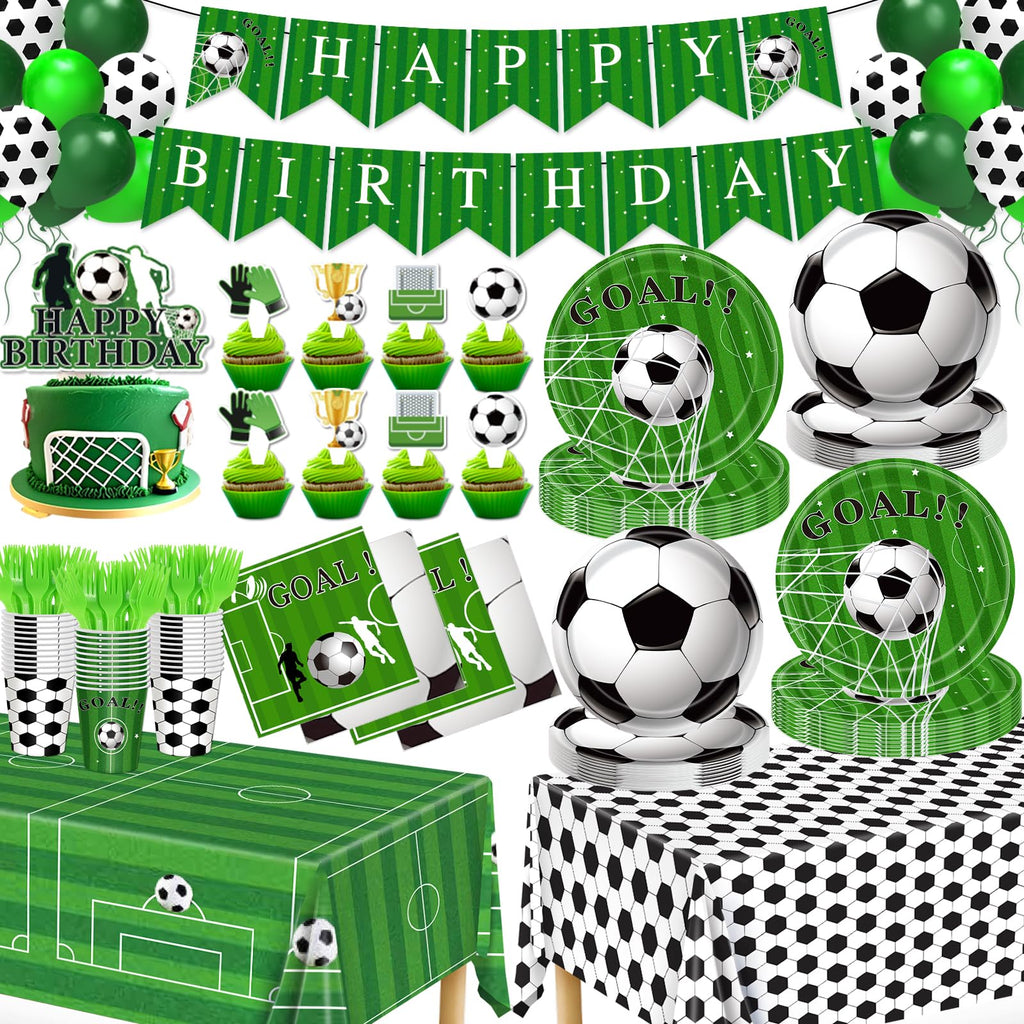 Miucat Soccer Party Decorations - 143 Pcs Party Supplies for 24 Guests (Plates, Napkins, Tablecloth, Banner, Balloons)