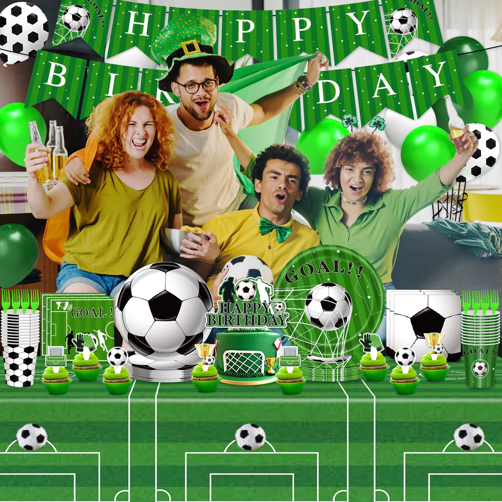 Miucat Soccer Party Decorations - 143 Pcs Party Supplies for 24 Guests (Plates, Napkins, Tablecloth, Banner, Balloons)