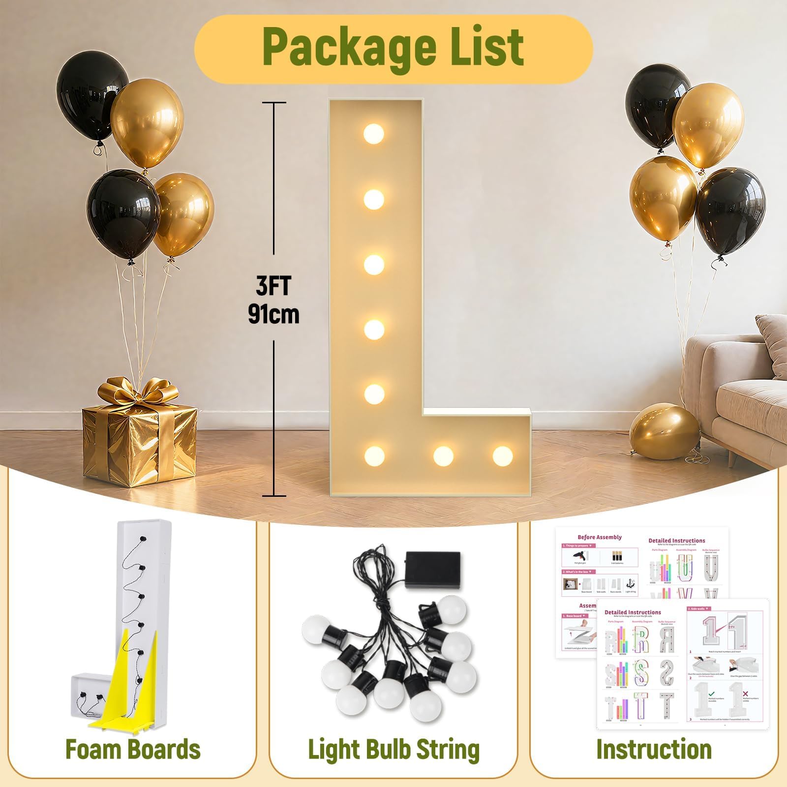 Mixifox 3FT Marquee Letters L – Large Light Up Letters for Weddings & Events