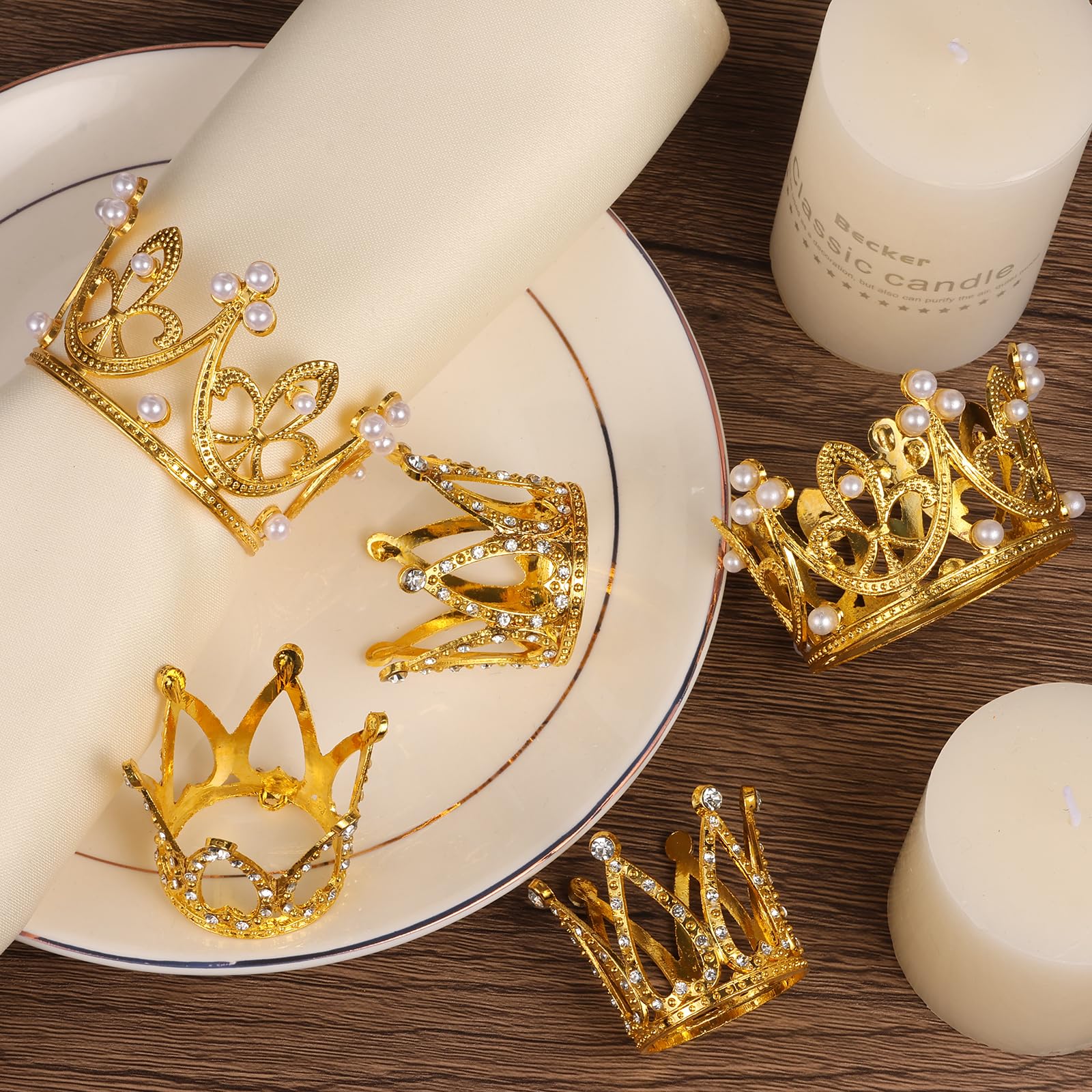 MJOGGOTT 30 Pcs Gold Crown Cake Toppers – Mini Crowns for Flower Bouquets, Weddings & Parties (3 Styles)