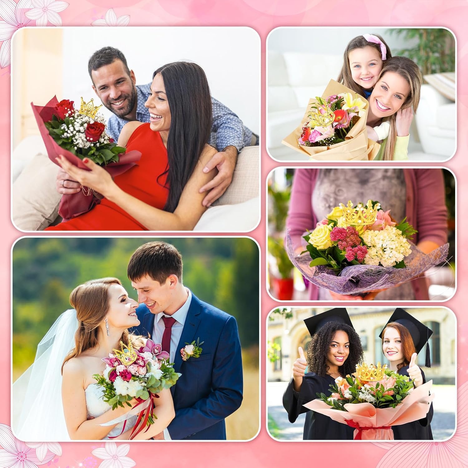 MJOGGOTT 30 Pcs Gold Crown Cake Toppers – Mini Crowns for Flower Bouquets, Weddings & Parties (3 Styles)