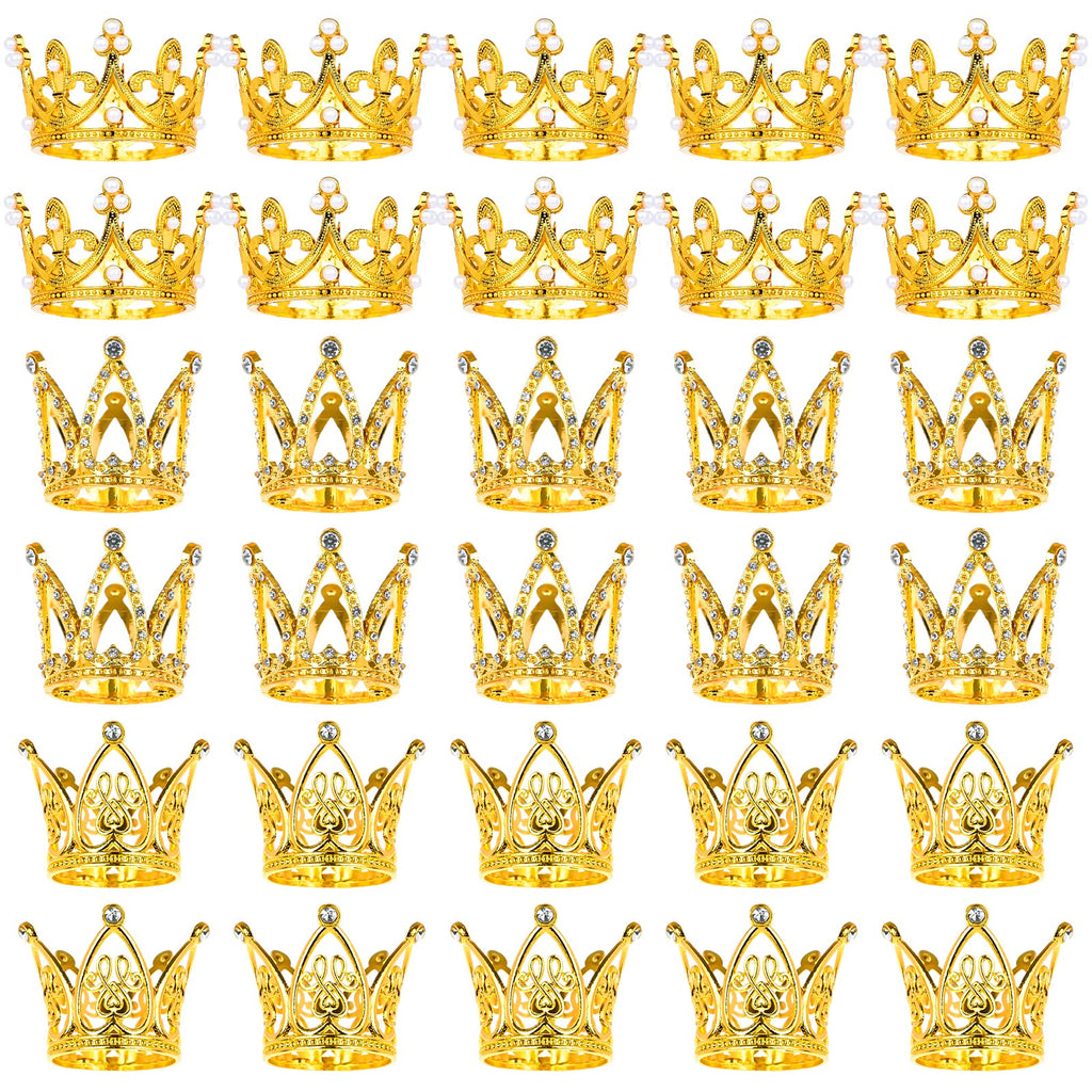 MJOGGOTT 30 Pcs Gold Crown Cake Toppers – Mini Crowns for Flower Bouquets, Weddings & Parties (3 Styles)