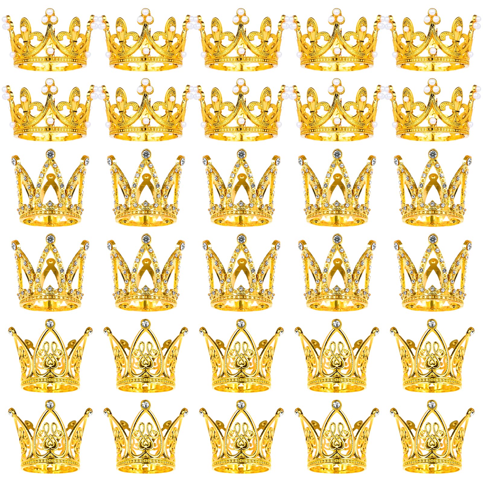 MJOGGOTT 30 Pcs Gold Crown Cake Toppers – Mini Crowns for Flower Bouquets, Weddings & Parties (3 Styles)
