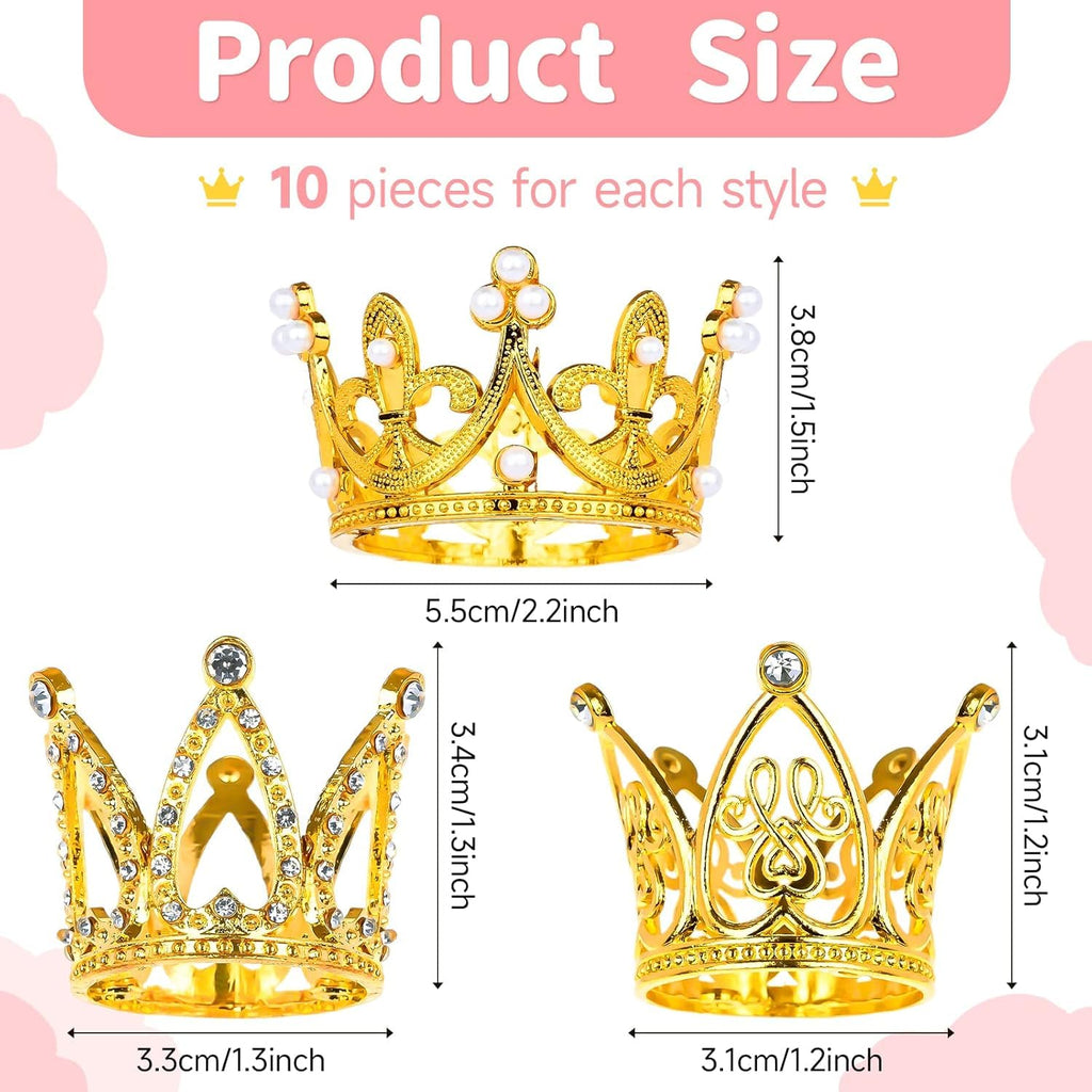 MJOGGOTT 30 Pcs Gold Crown Cake Toppers – Mini Crowns for Flower Bouquets, Weddings & Parties (3 Styles)