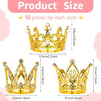 MJOGGOTT 30 Pcs Gold Crown Cake Toppers – Mini Crowns for Flower Bouquets, Weddings & Parties (3 Styles)