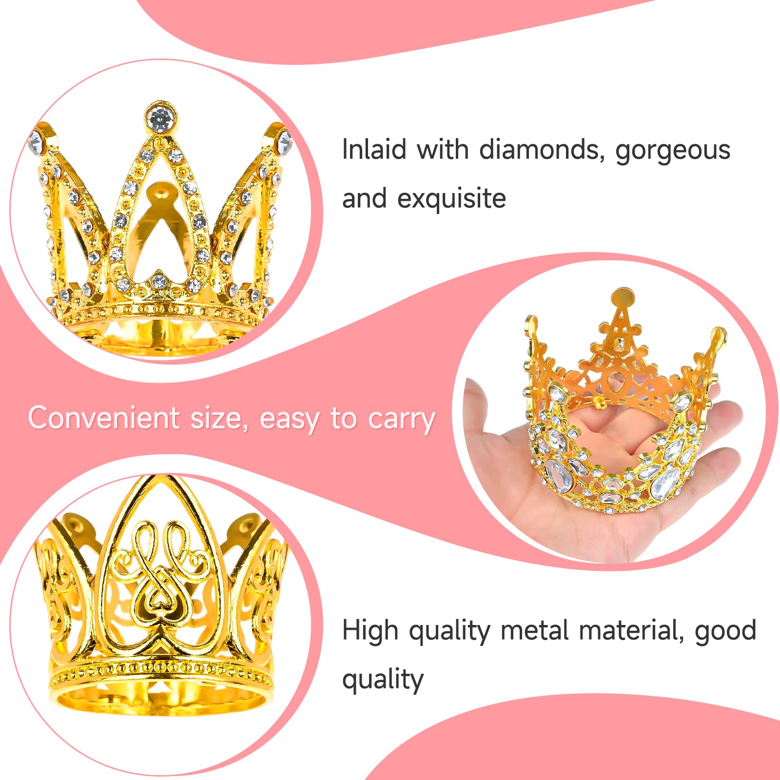 MJOGGOTT 30 Pcs Gold Crown Cake Toppers – Mini Crowns for Flower Bouquets, Weddings & Parties (3 Styles)