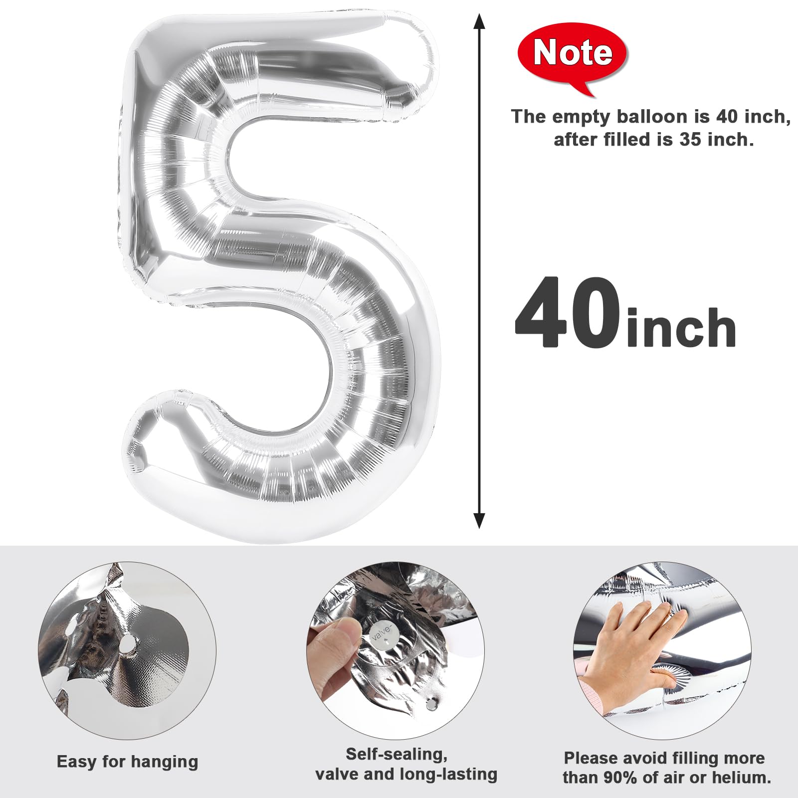 Mluchee 40-Inch Silver Number Balloons – 5, 15, 25, 35, 50 for Birthdays & Weddings