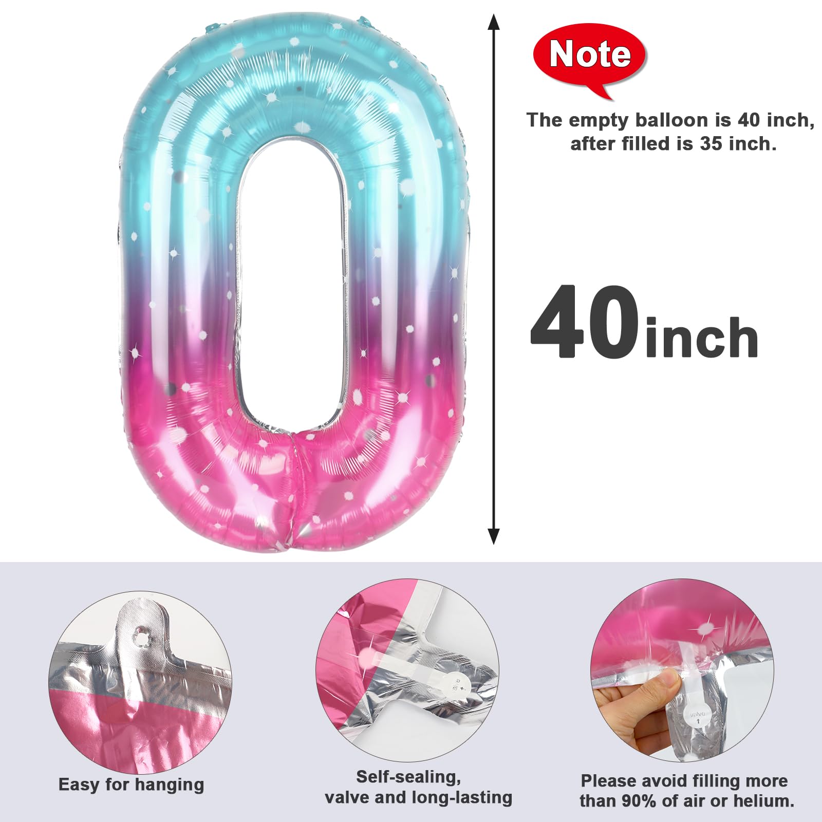 Mluchee Number 0 Balloons 40 Inch - Pink Purple Blue Multicolor Birthday & Event Balloon Kit