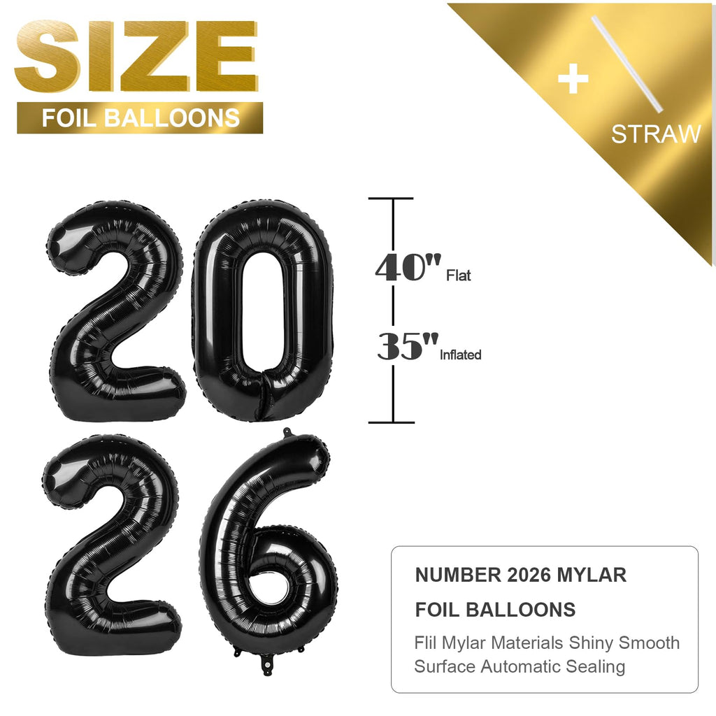 Mluchee 2026 Number Balloons – 40 Inch Black Foil Balloons for New Year, Graduation, and Party Decor