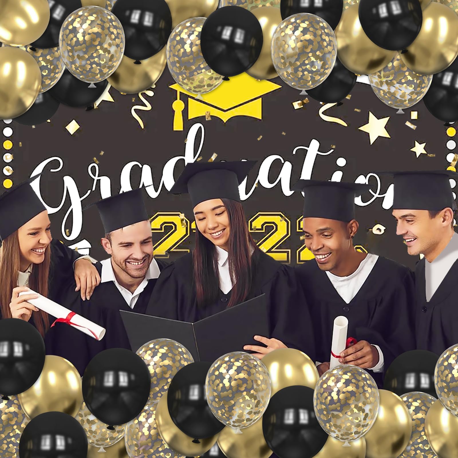 Mobacurty 75Pcs Black & Gold Confetti Balloons - 12in Latex Party Kit