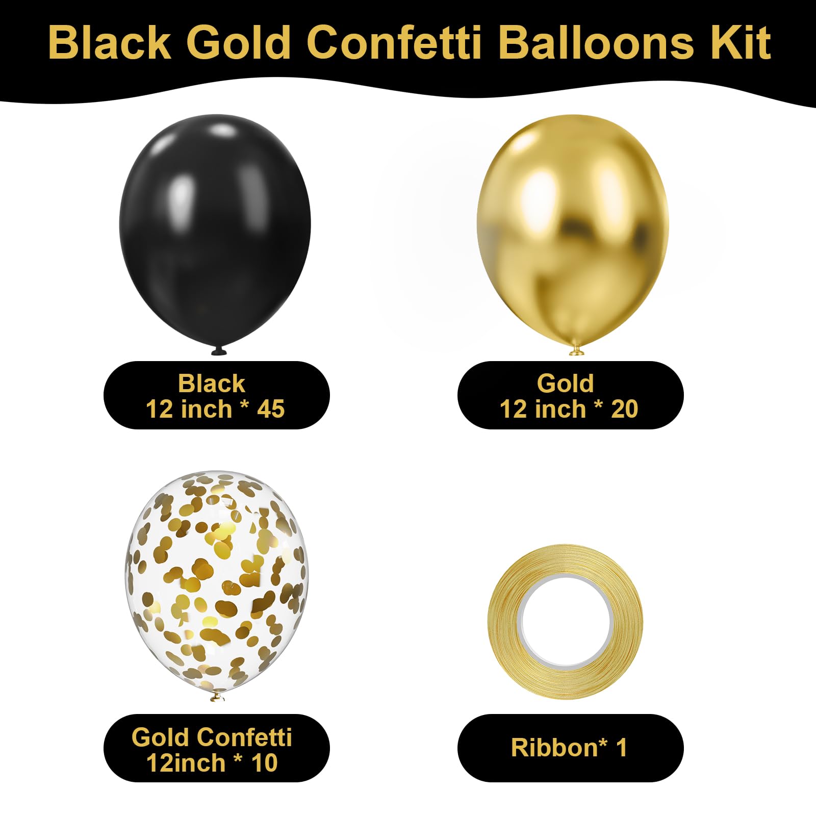 Mobacurty 75Pcs Black & Gold Confetti Balloons - 12in Latex Party Kit