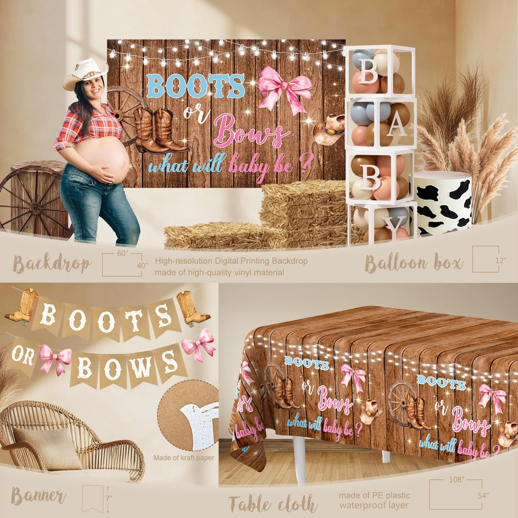 Monnberry Boots or Bows Gender Reveal Decorations – 206pc Western Baby Shower Kit