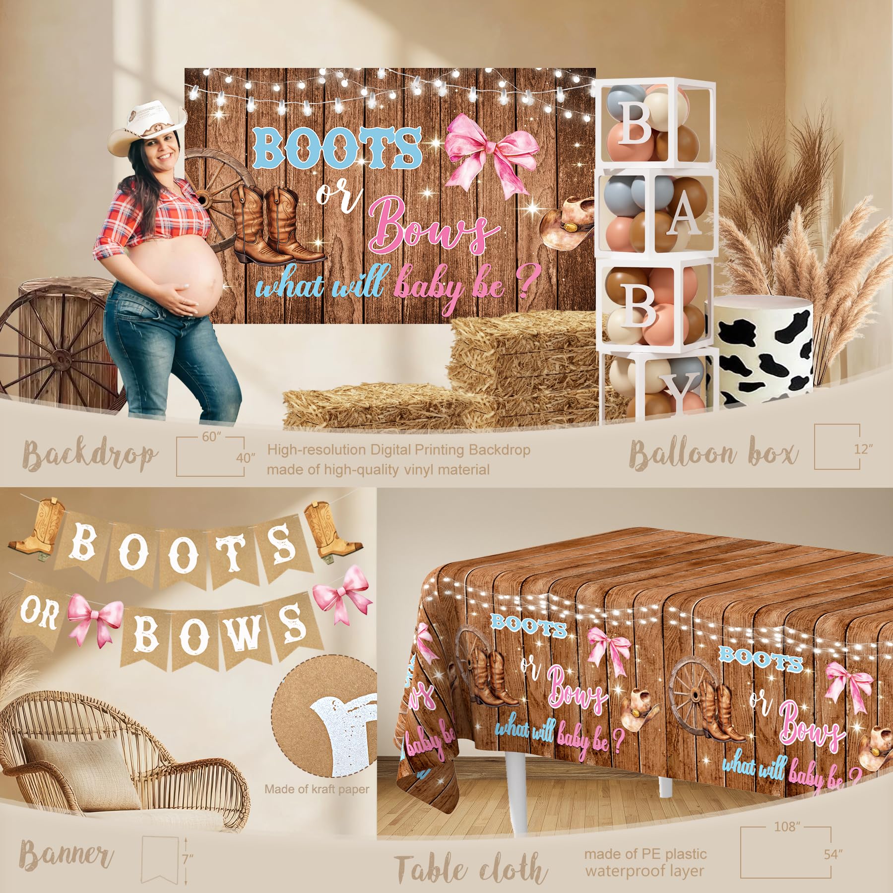 Monnberry Boots or Bows Gender Reveal Decorations – 206pc Western Baby Shower Kit