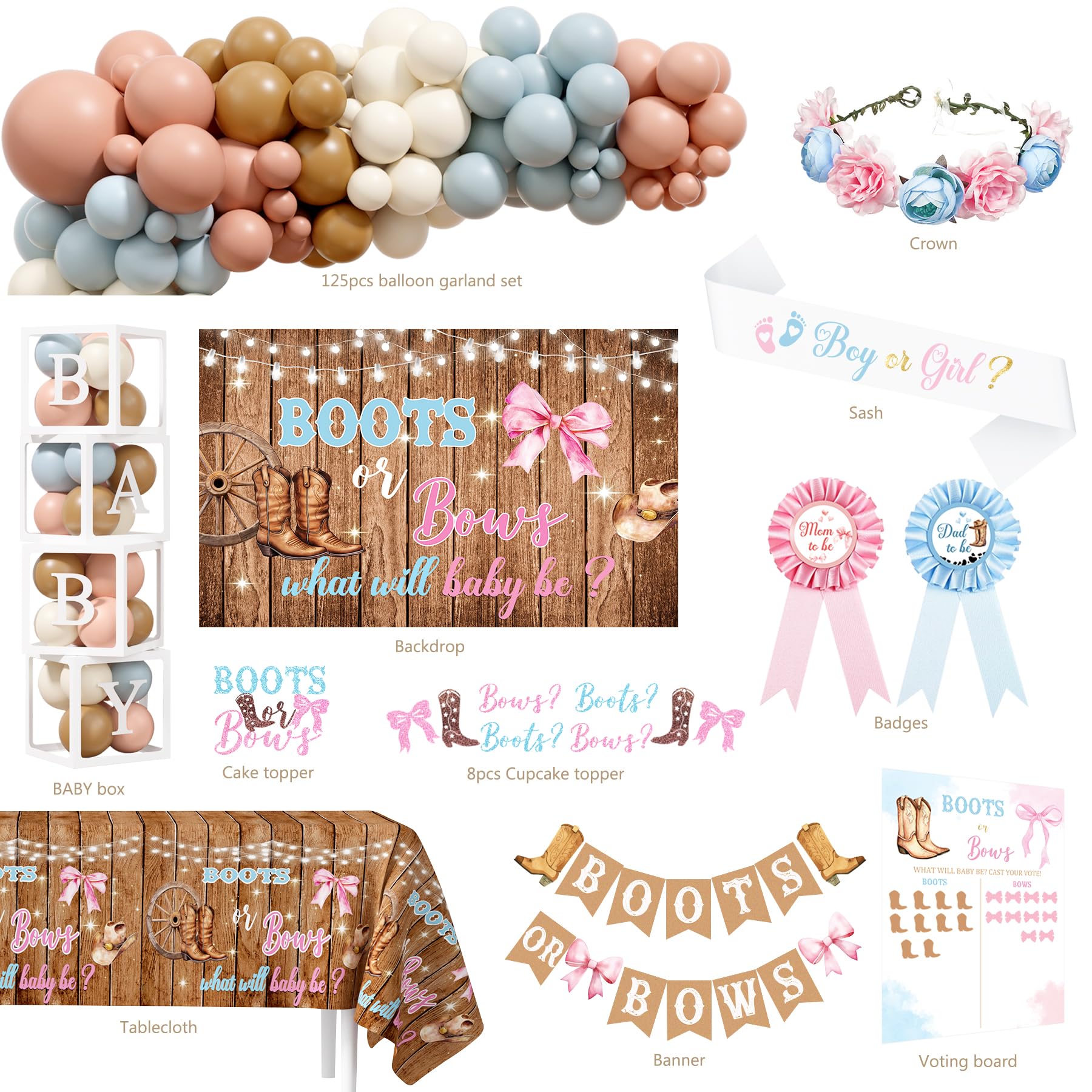 Monnberry Boots or Bows Gender Reveal Decorations – 206pc Western Baby Shower Kit