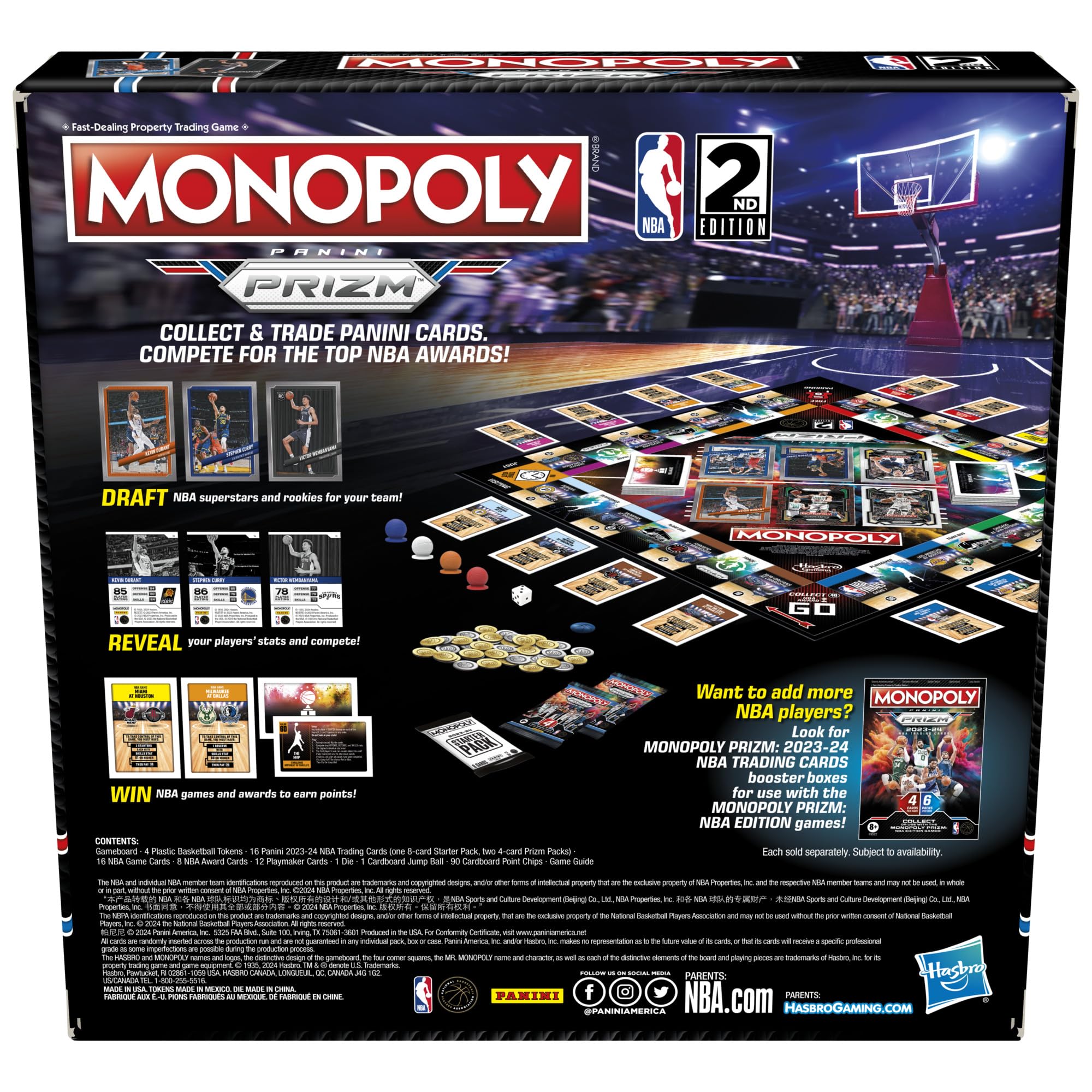 Monopoly Prizm: NBA 2nd Edition Board Game with 2023-24 Panini Cards | 2-4 Players | Ages 8+