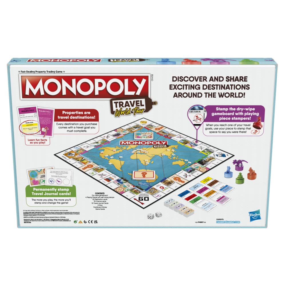 Monopoly Travel World Tour: Geography Edition for Family & Kids | Dry-Erase Gameboard