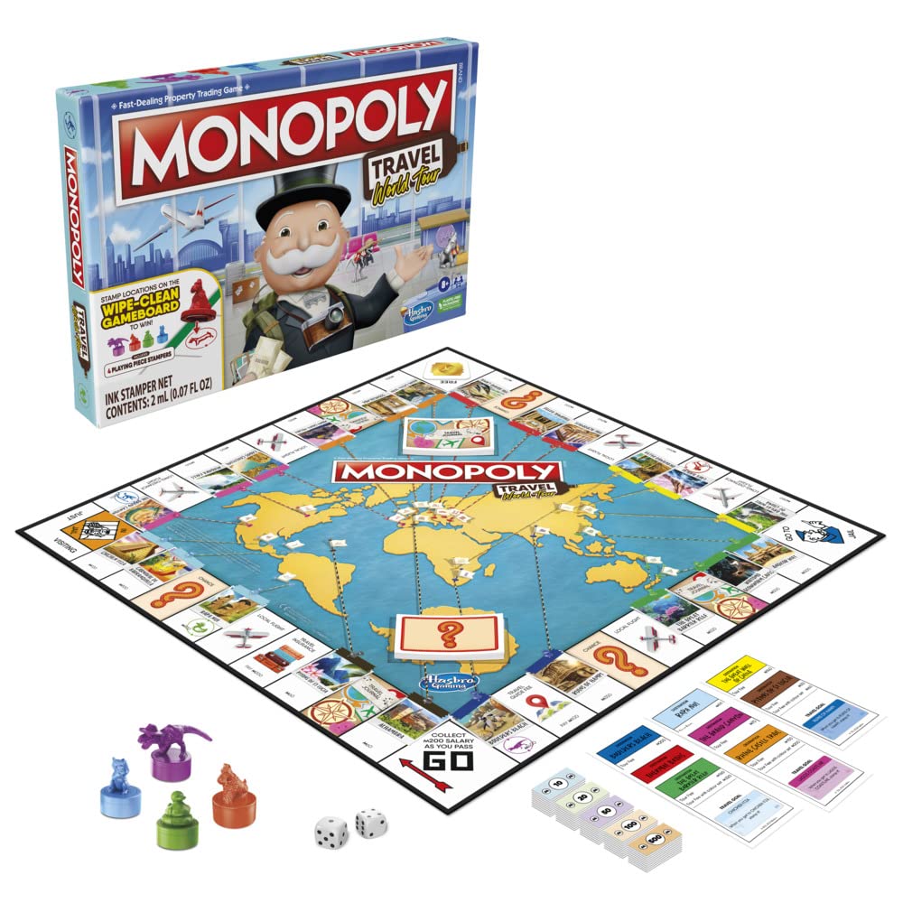Monopoly Travel World Tour: Geography Edition for Family & Kids | Dry-Erase Gameboard