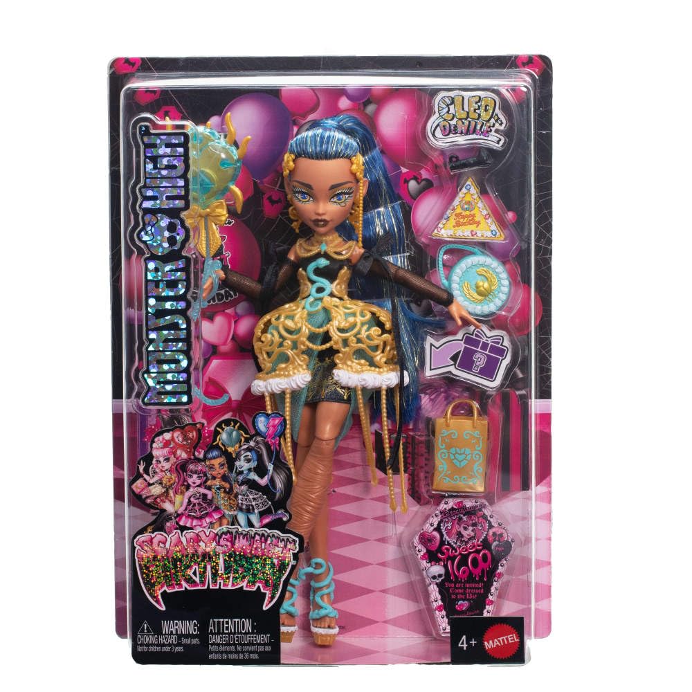 Monster High Cleo De Nile Scary Sweet Birthday Doll – Golden Party Dress & Themed Accessories