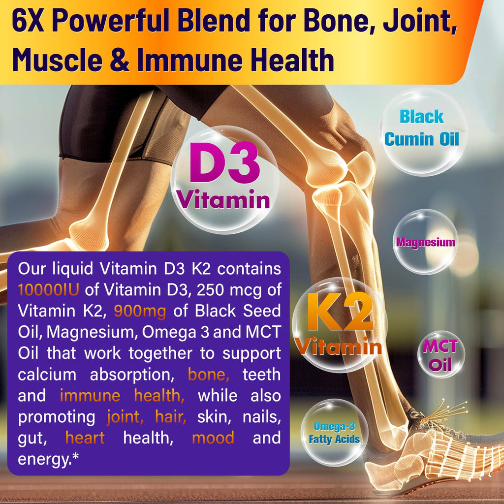 Vitamin D3 K2 Tropfen 10000IE mit Bio-Schwarzkümmelöl – 6-in-1 Flüssigkeit (59 ml)