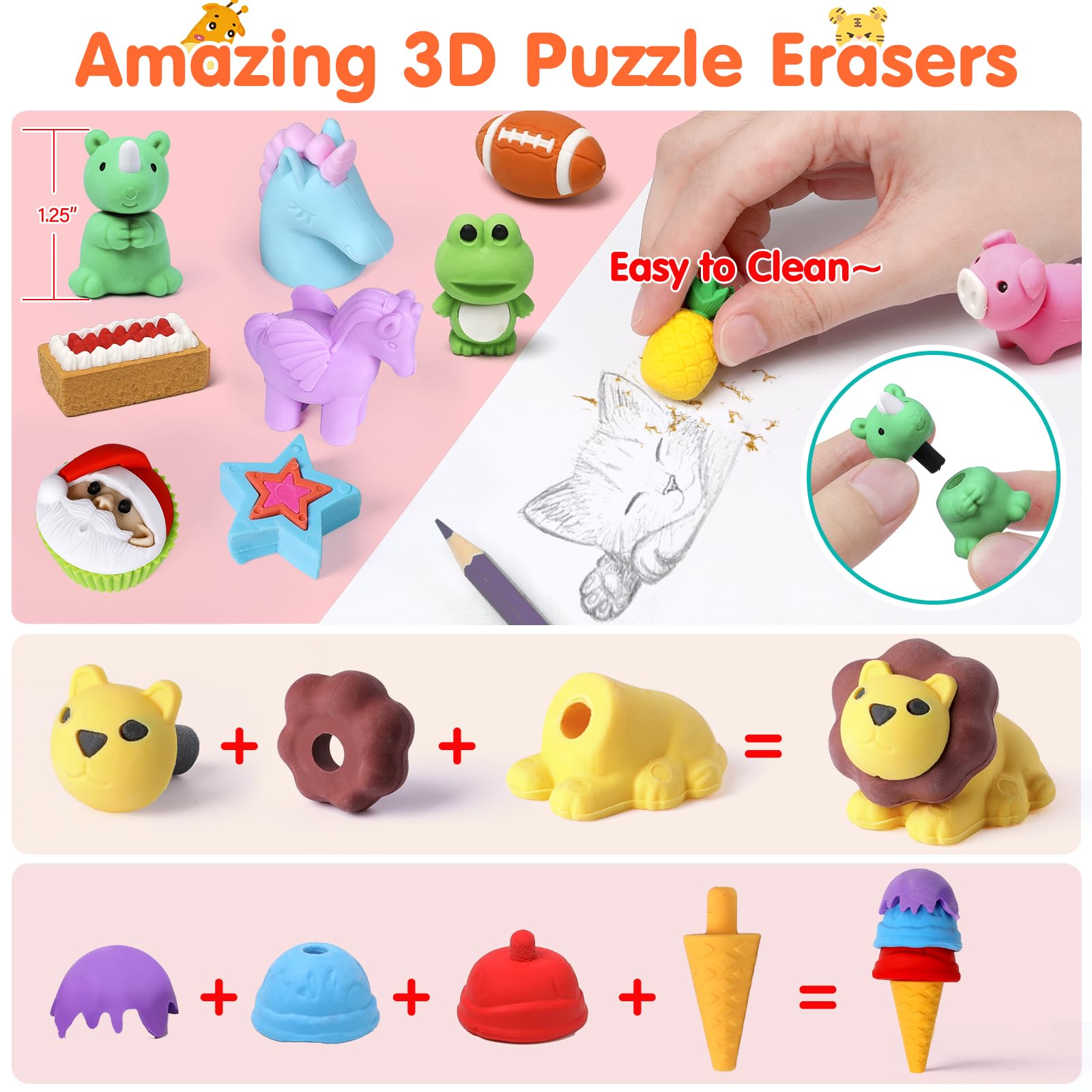 Moosia 120 Pack Animal Pencil Erasers – 3D Take-Apart Desk Pets & Party Favors