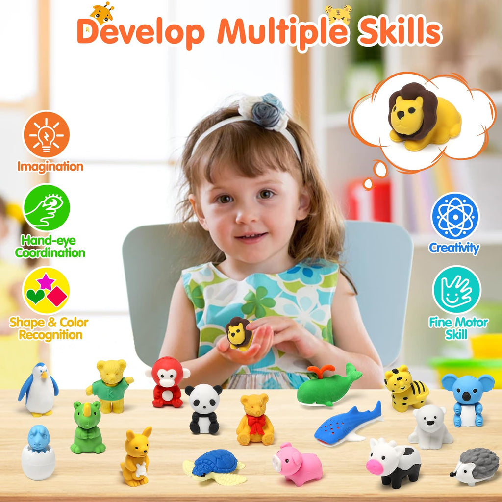 Moosia 150 Pack Animal Pencil Erasers – 3D Take-Apart Classroom Rewards & Party Favors
