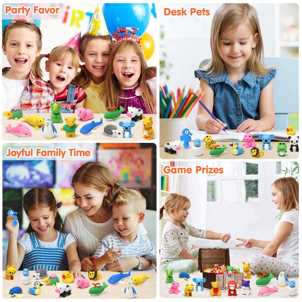 Moosia 150 Pack Animal Pencil Erasers – 3D Take-Apart Classroom Rewards & Party Favors