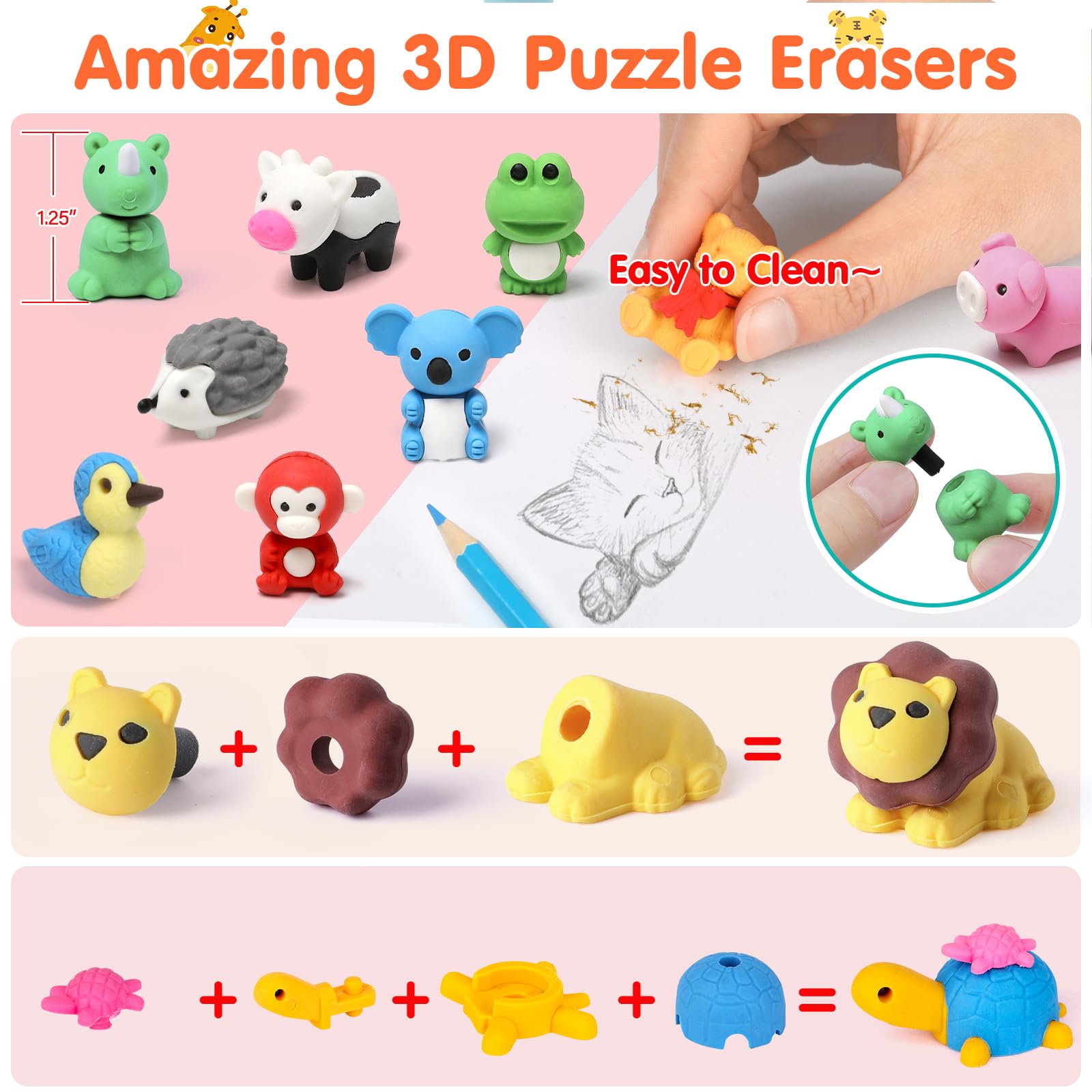 Moosia 150 Pack Animal Pencil Erasers – 3D Take-Apart Classroom Rewards & Party Favors
