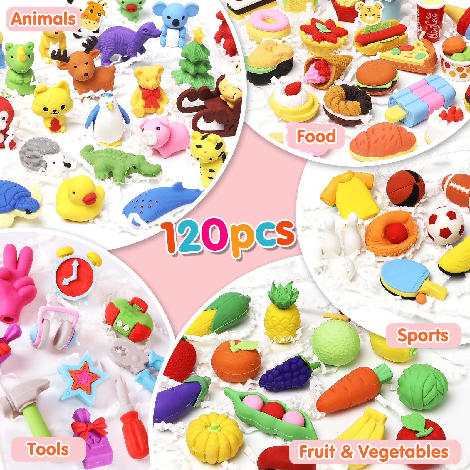 Moosia 120 Pack Animal Pencil Erasers – 3D Take-Apart Desk Pets & Party Favors