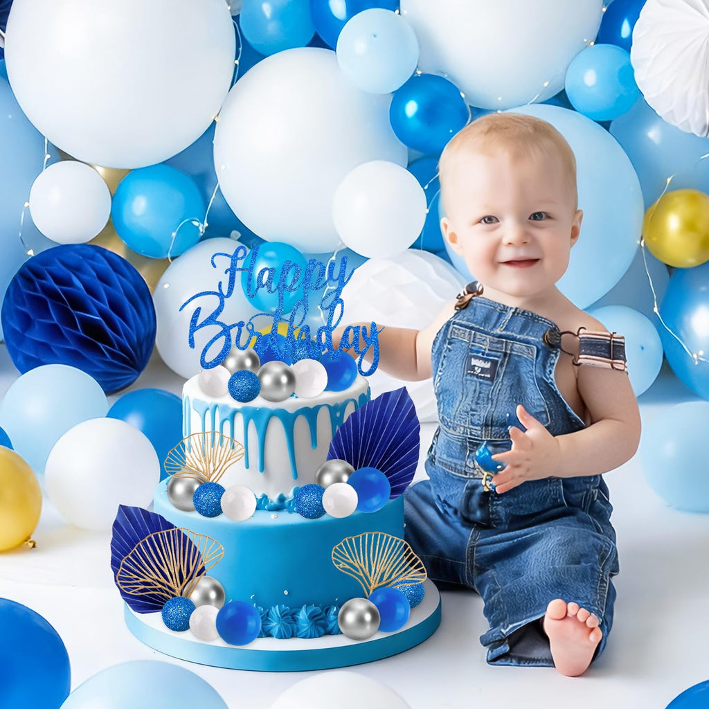 Morofme Navy Blue Boho Cake Topper Set – 20 Foam Balls, Palm Leaves, Ginkgo, White-Silver Balloon