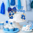 Morofme Navy Blue Boho Cake Topper Set – 20 Foam Balls, Palm Leaves, Ginkgo, White-Silver Balloon