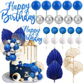 Morofme Navy Blue Boho Cake Topper Set – 20 Foam Balls, Palm Leaves, Ginkgo, White-Silver Balloon