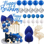 Morofme Navy Blue Boho Cake Topper Set – 20 Foam Balls, Palm Leaves, Ginkgo, White-Silver Balloon