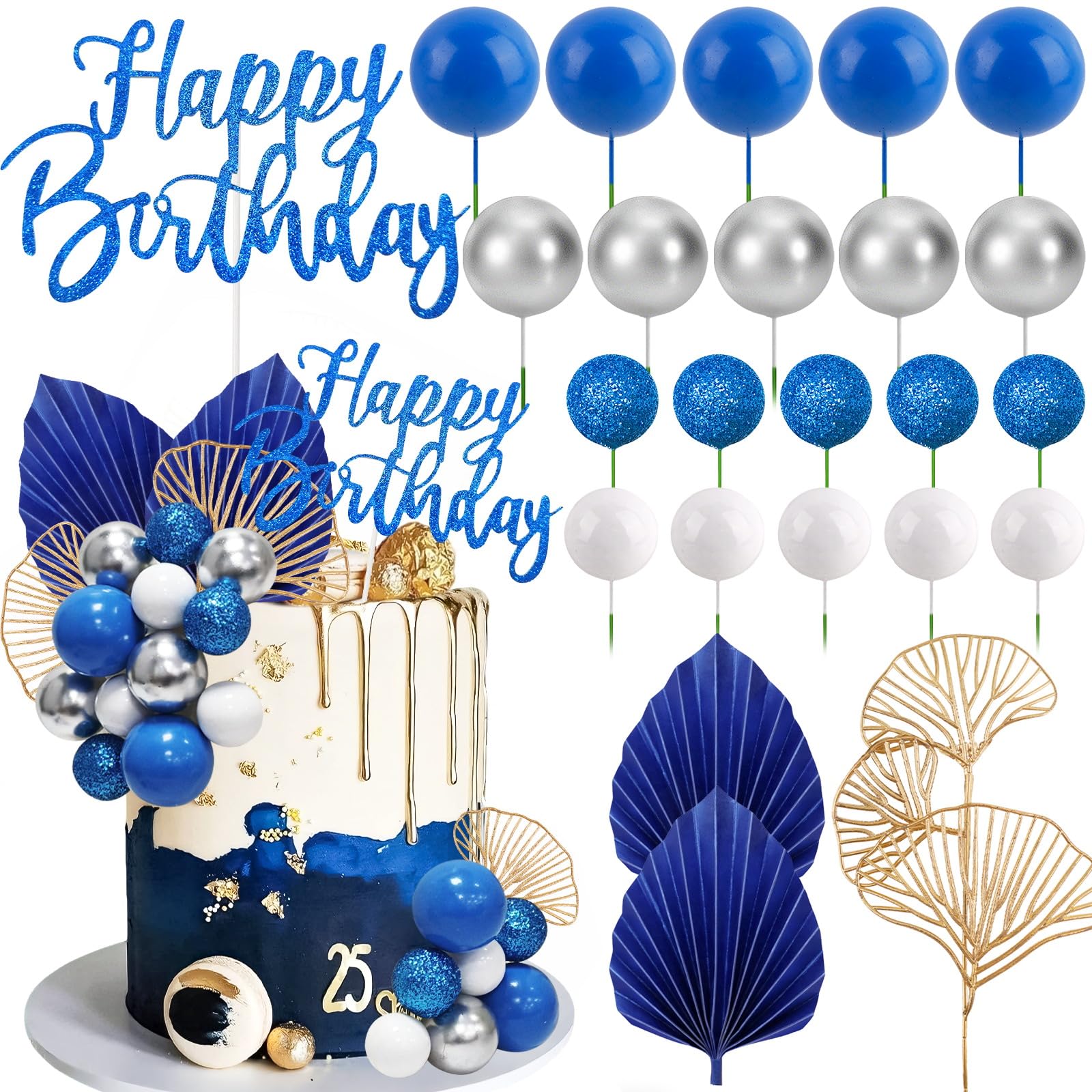 Morofme Navy Blue Boho Cake Topper Set – 20 Foam Balls, Palm Leaves, Ginkgo, White-Silver Balloon