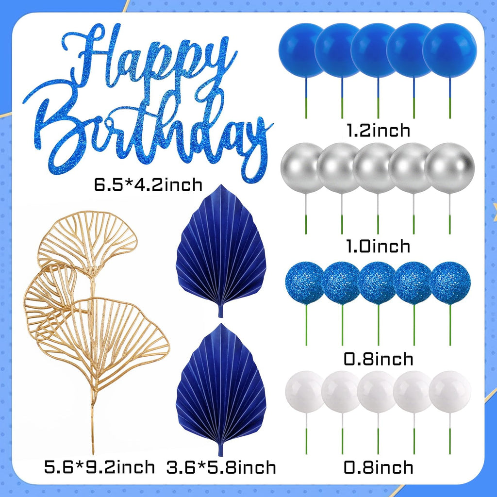 Morofme Navy Blue Boho Cake Topper Set – 20 Foam Balls, Palm Leaves, Ginkgo, White-Silver Balloon