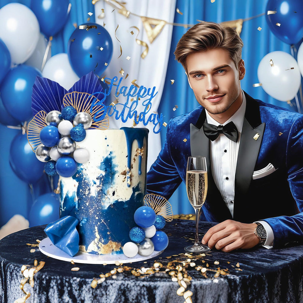Morofme Navy Blue Boho Cake Topper Set – 20 Foam Balls, Palm Leaves, Ginkgo, White-Silver Balloon