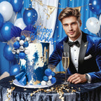Morofme Navy Blue Boho Cake Topper Set – 20 Foam Balls, Palm Leaves, Ginkgo, White-Silver Balloon