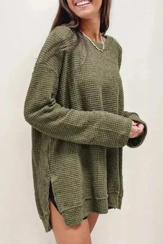 Moss Green Textured Knit Top | Plus Size Long Sleeve