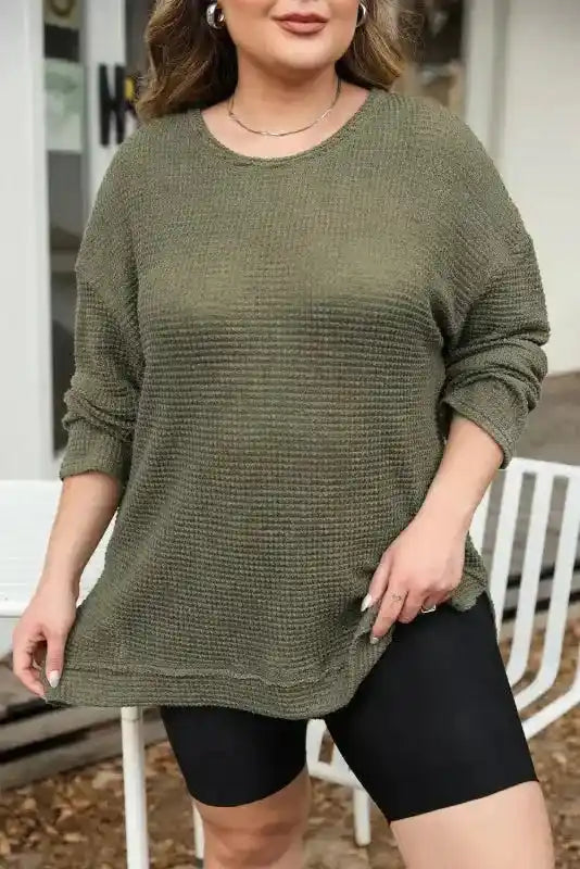 Moss Green Textured Knit Top | Plus Size Long Sleeve