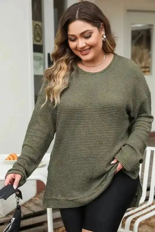 Moss Green Textured Knit Top | Plus Size Long Sleeve