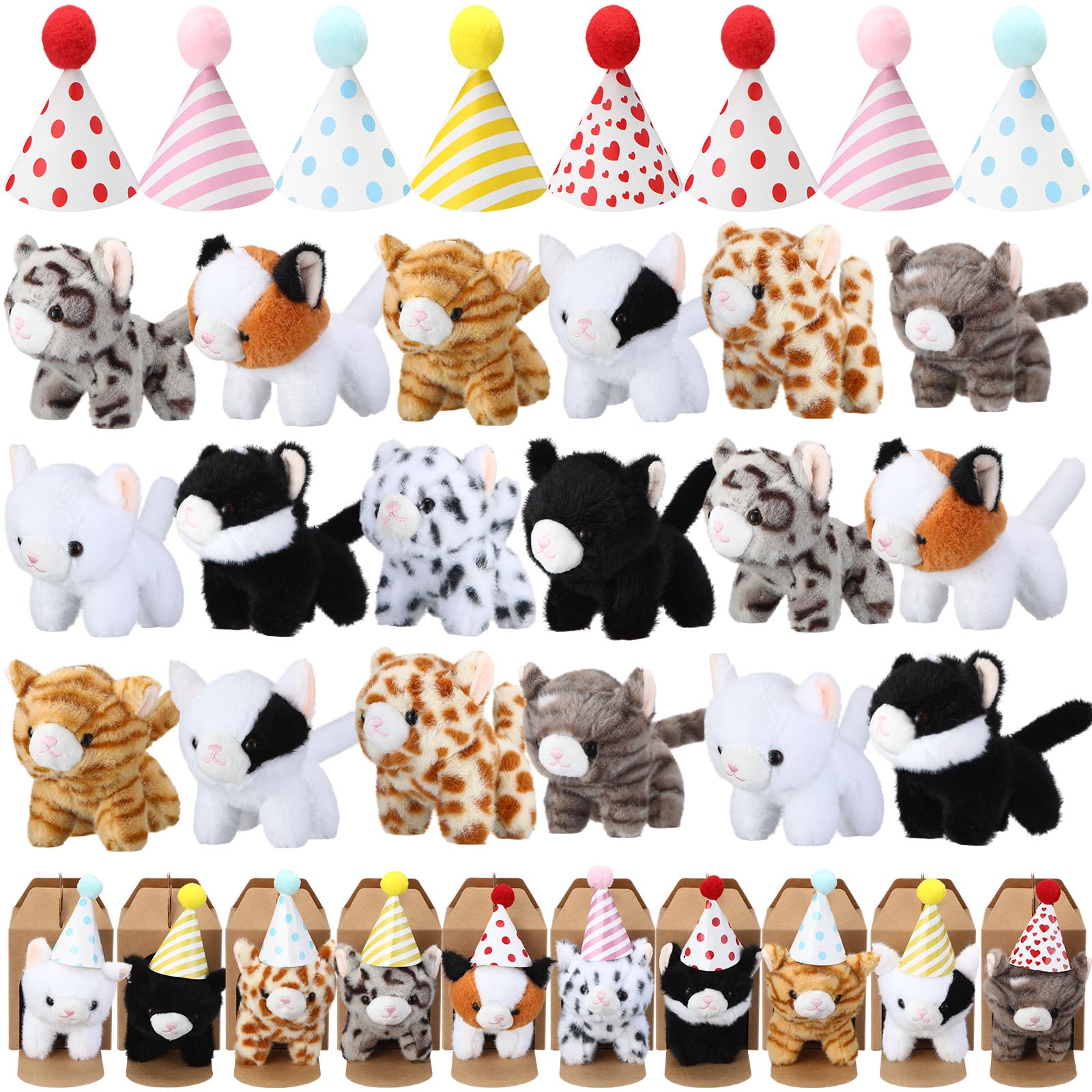 Motionchic 20-Set Cat Plush Toys with Birthday Hats & Kraft Boxes