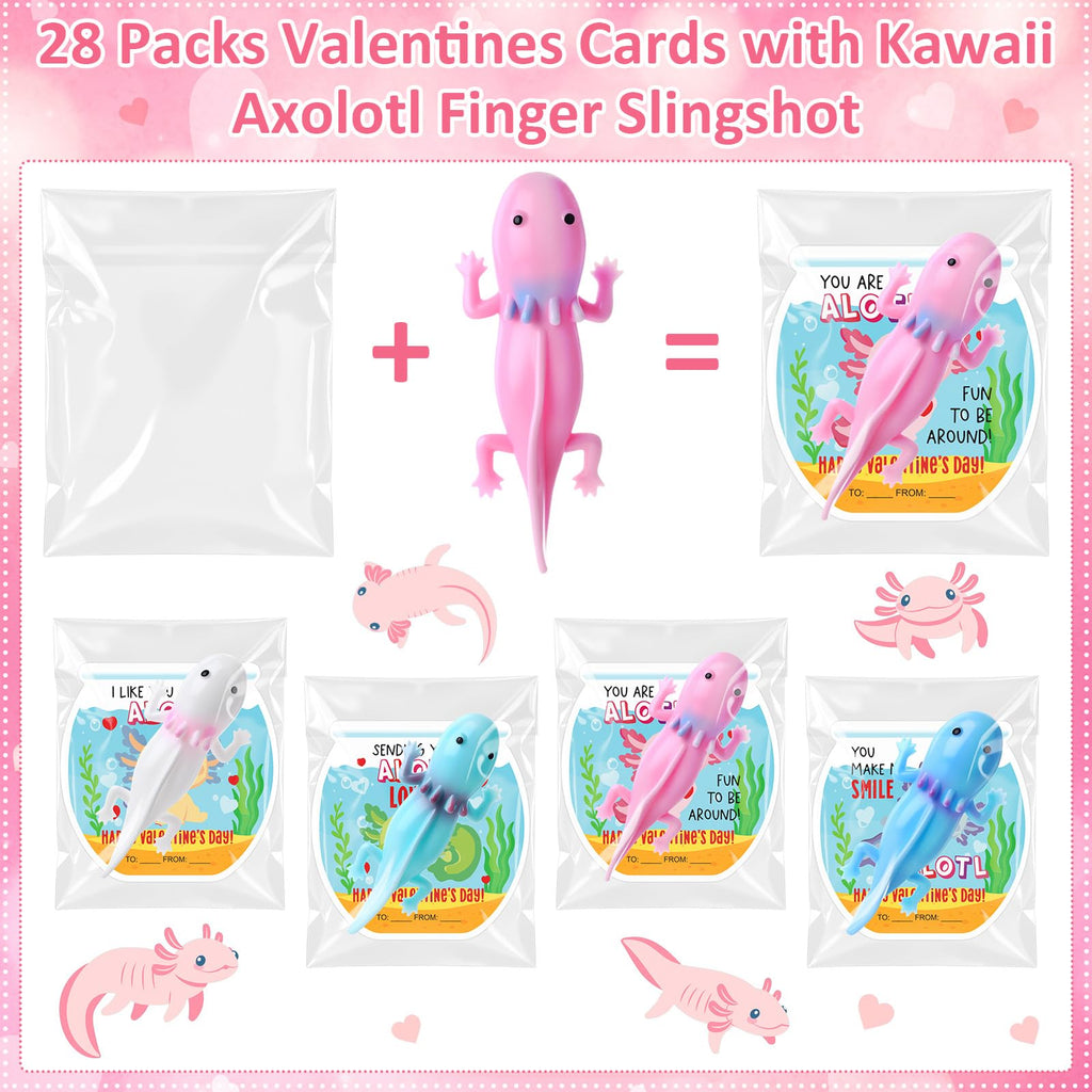 Motionchic 28-Set Axolotl Party Favors — Valentines Cards & Slingshots Bulk