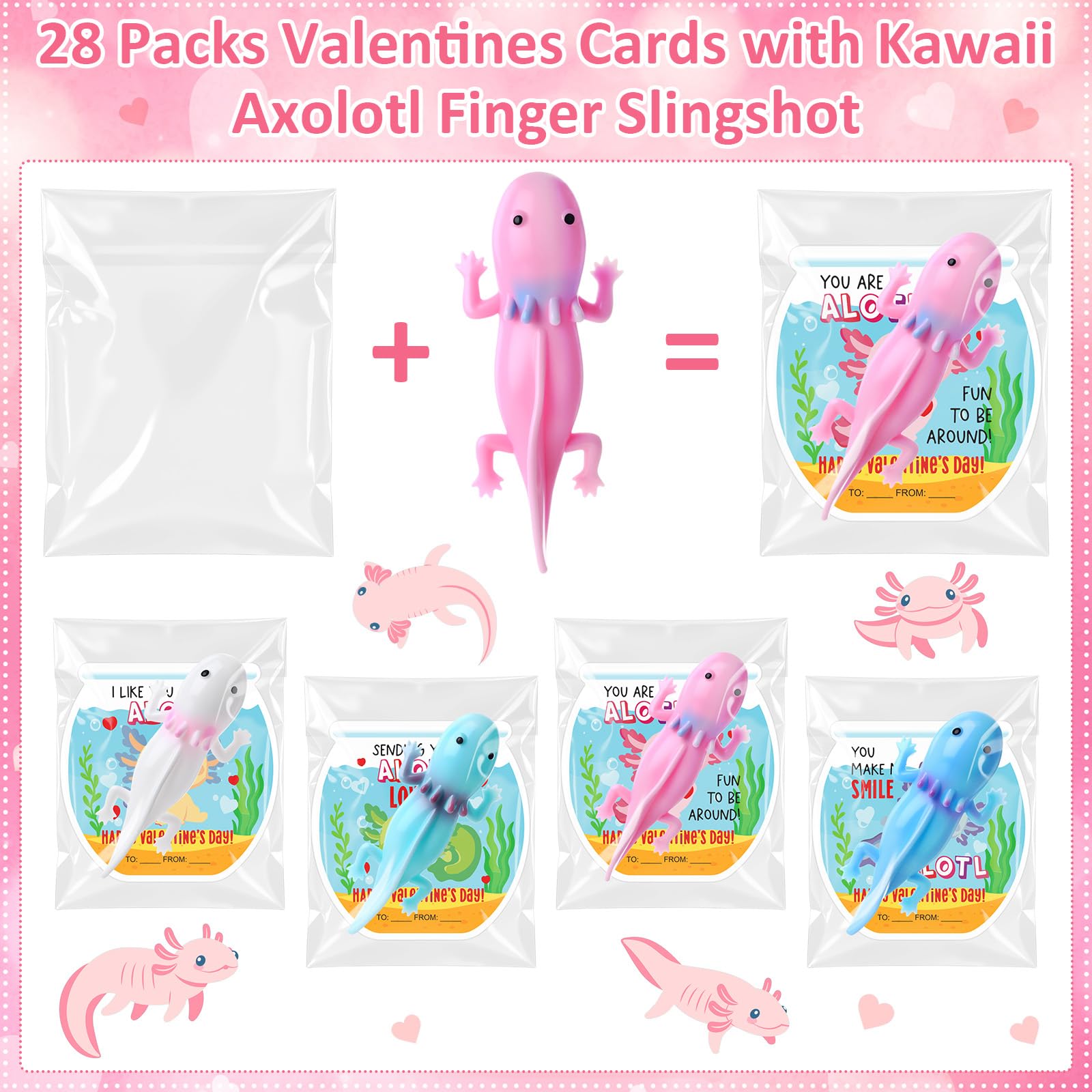 Motionchic 28-Set Axolotl Party Favors — Valentines Cards & Slingshots Bulk