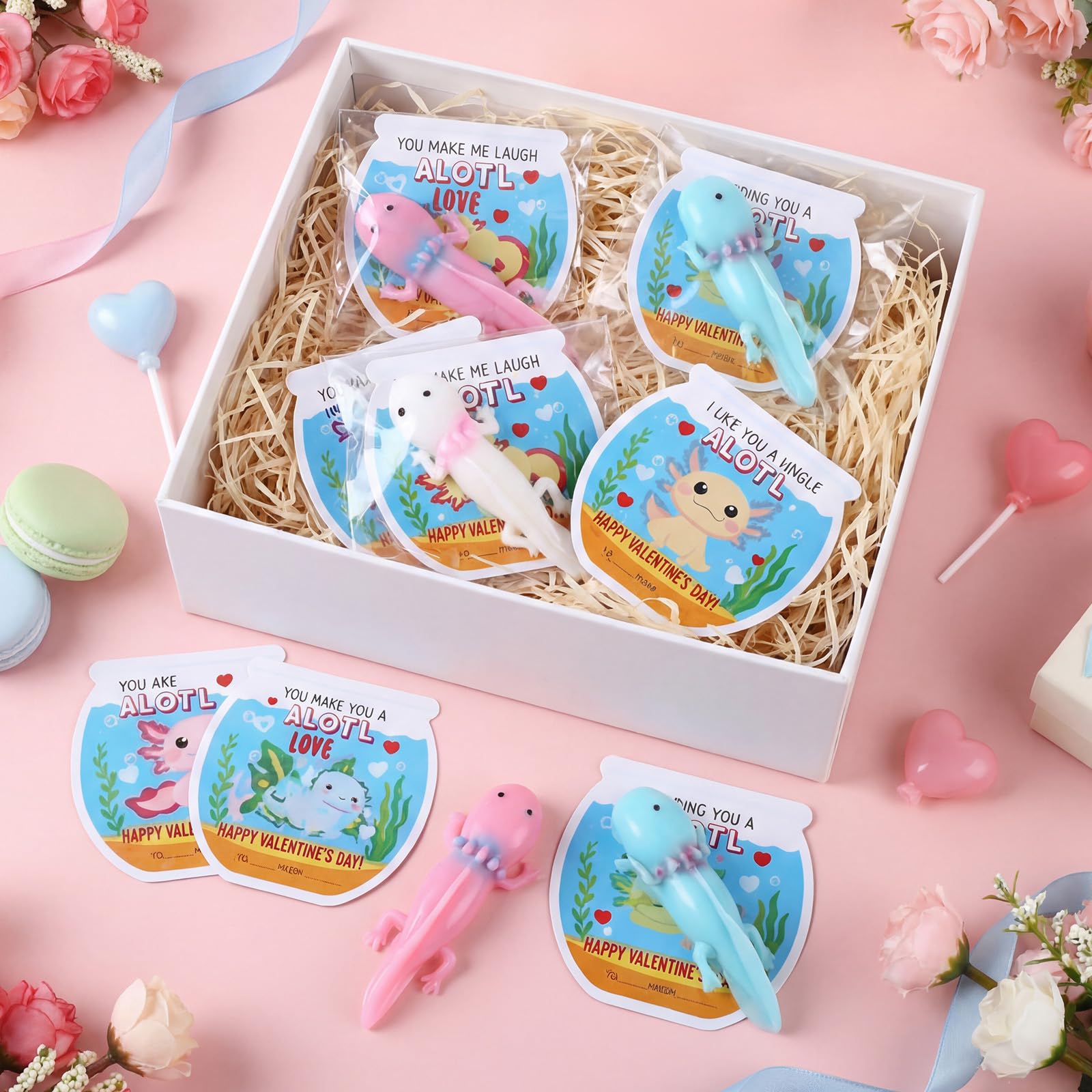 Motionchic 28-Set Axolotl Party Favors — Valentines Cards & Slingshots Bulk