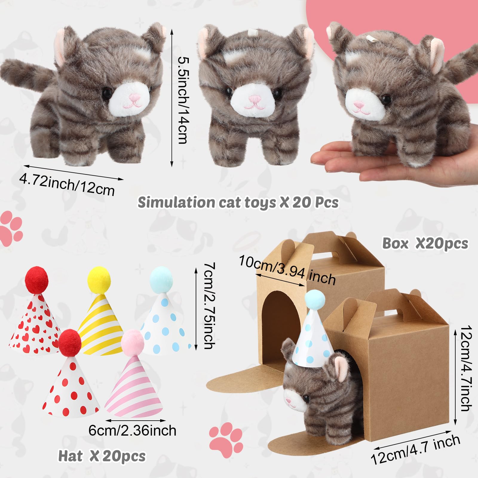 Motionchic 20-Set Cat Plush Toys with Birthday Hats & Kraft Boxes
