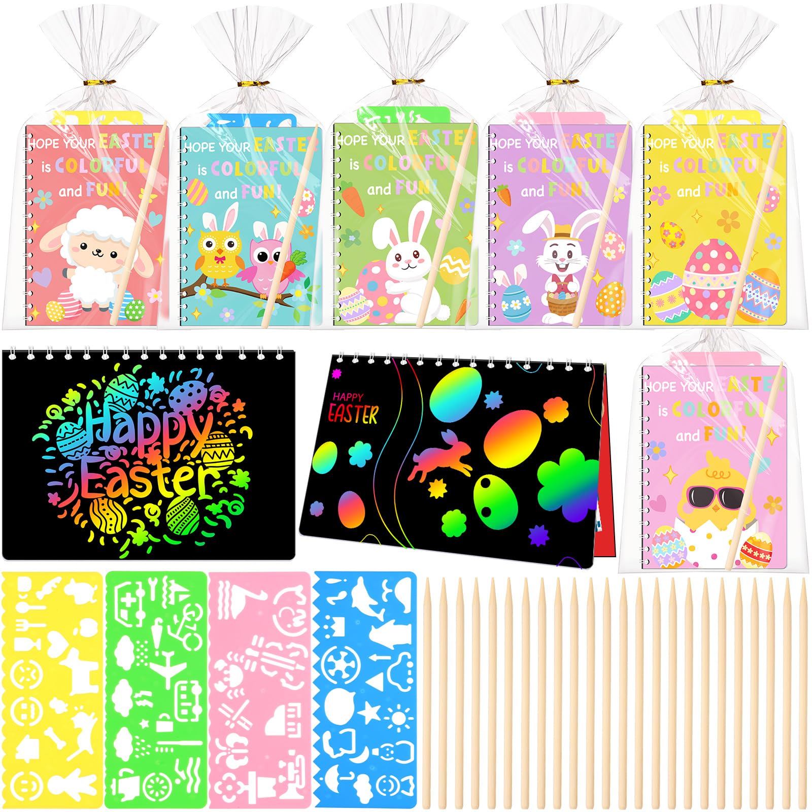 Motipuns 24-Set Easter Scratch Notebook Party Favors | DIY Rainbow with Stencils & Pens