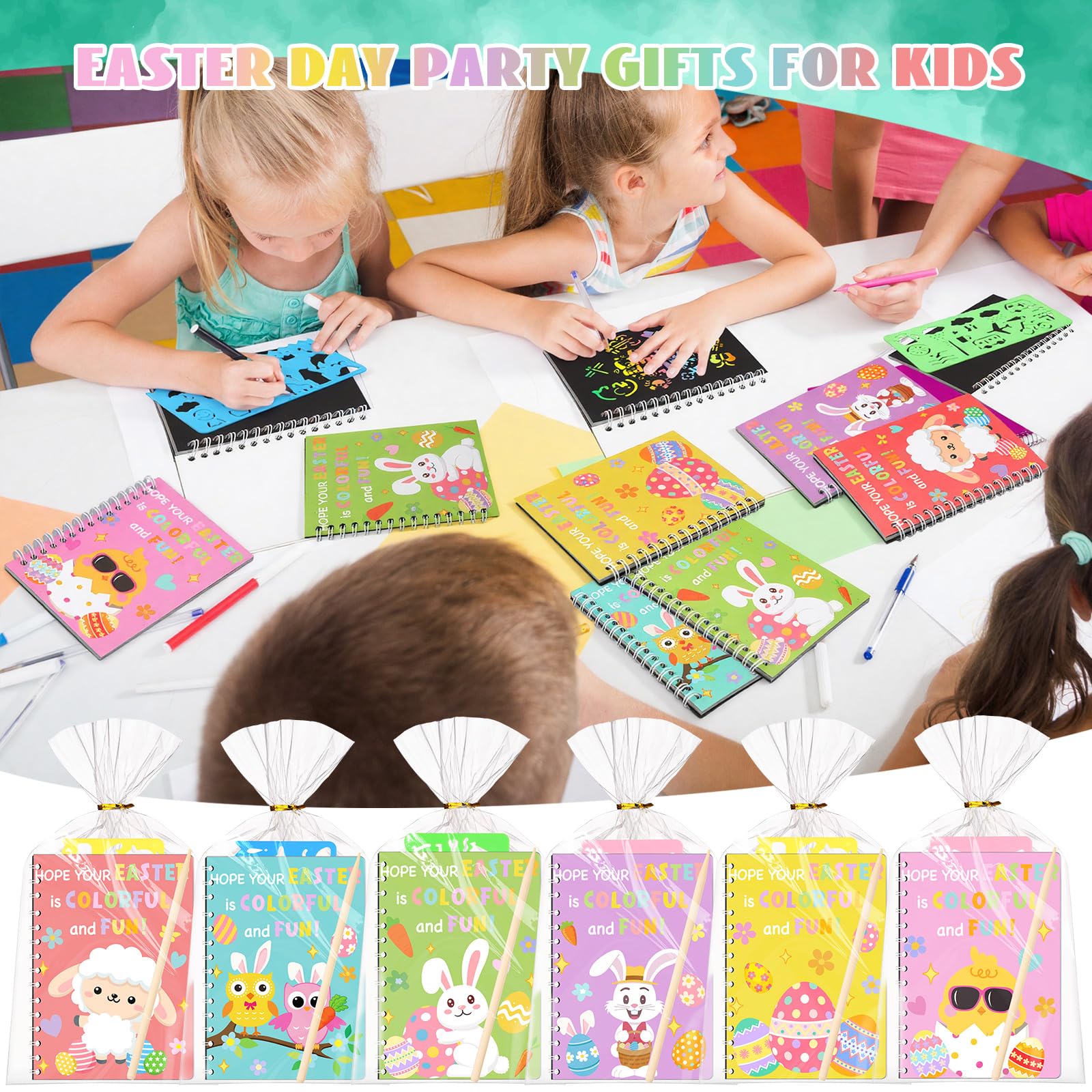 Motipuns 24-Set Easter Scratch Notebook Party Favors | DIY Rainbow with Stencils & Pens
