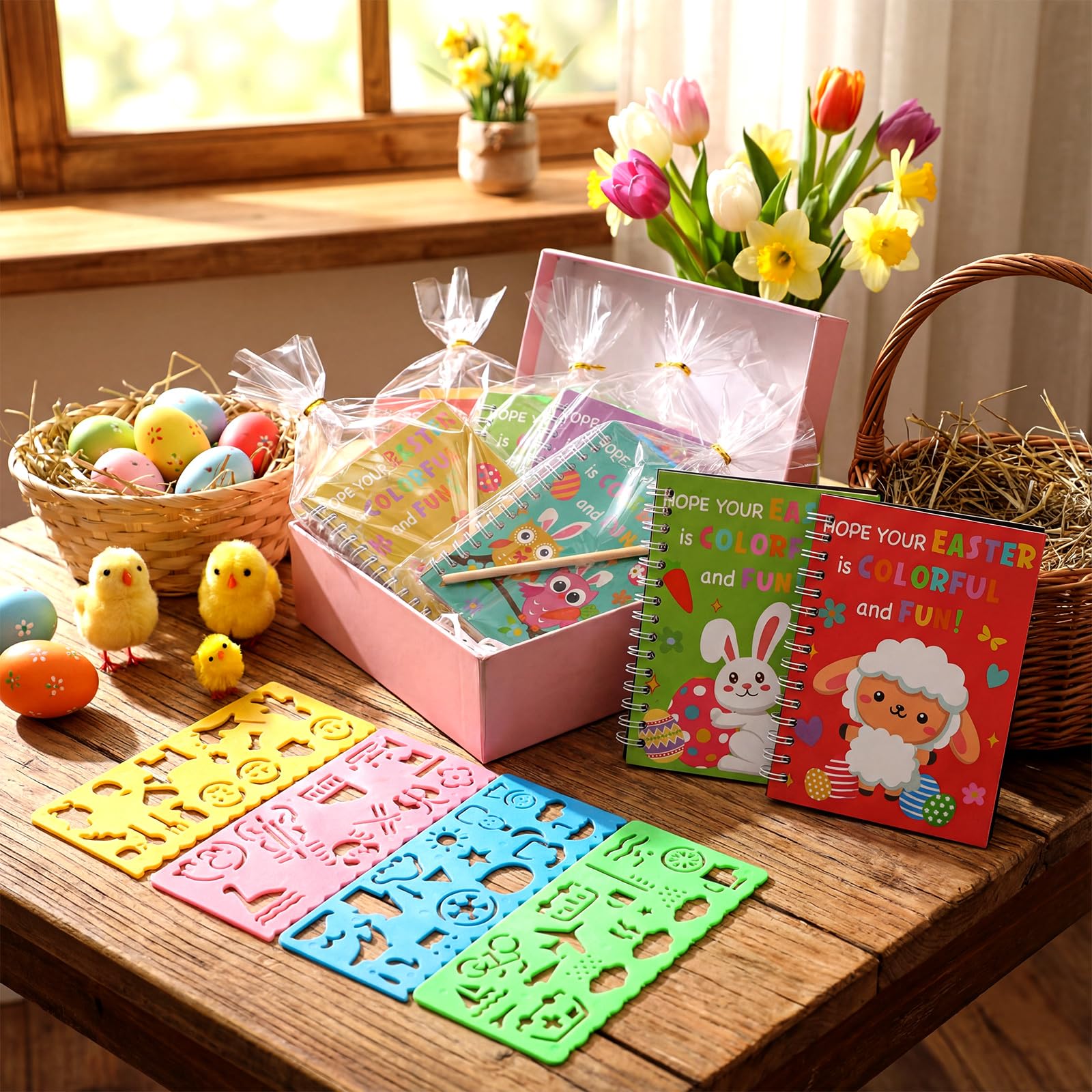 Motipuns 24-Set Easter Scratch Notebook Party Favors | DIY Rainbow with Stencils & Pens