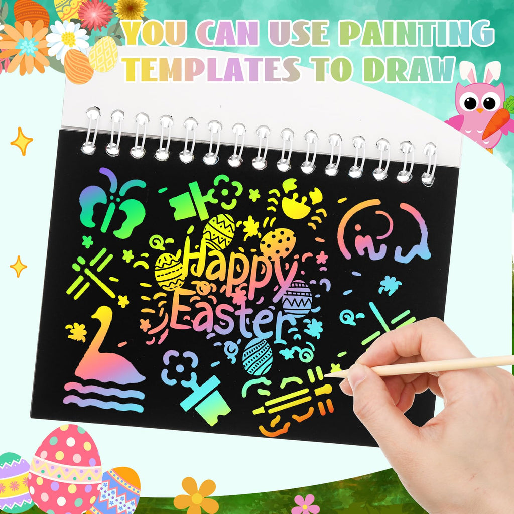 Motipuns 24-Set Easter Scratch Notebook Party Favors | DIY Rainbow with Stencils & Pens