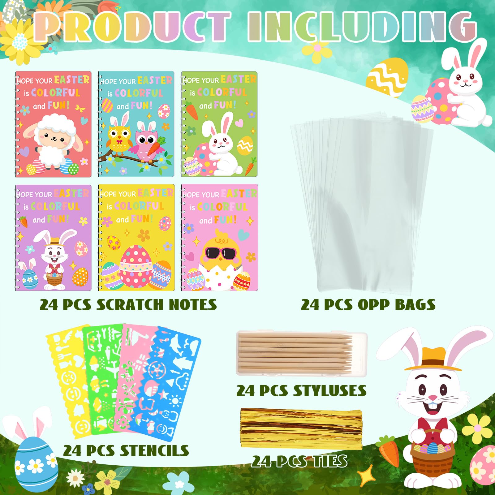Motipuns 24-Set Easter Scratch Notebook Party Favors | DIY Rainbow with Stencils & Pens